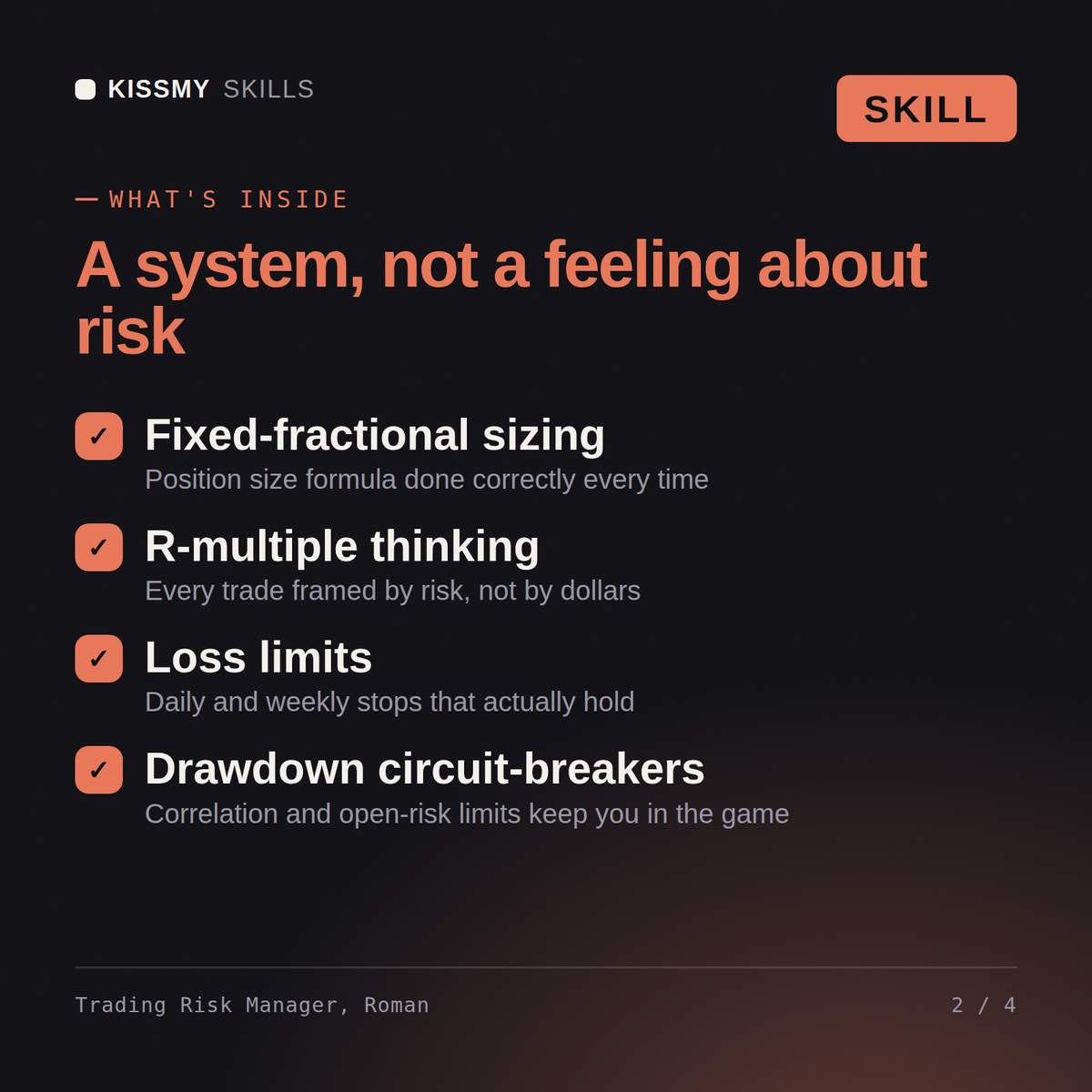 What's inside the Trading Risk Manager, Roman AI skill: Fixed-fractional sizing, R-multiple thinking, Loss limits, Drawdown circuit-breakers