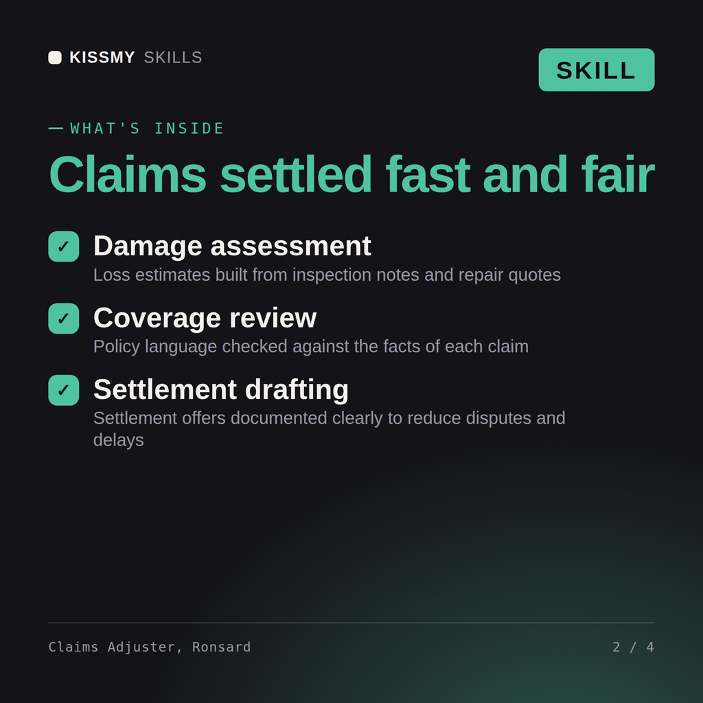 What's inside the Claims Adjuster, Ronsard AI skill: Damage assessment, Coverage review, Settlement drafting