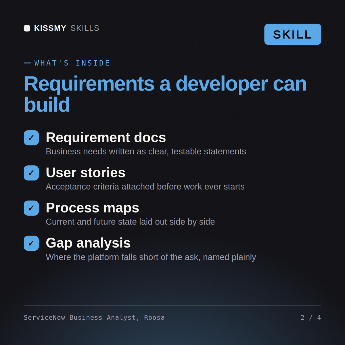 What's inside the ServiceNow Business Analyst, Roosa AI skill: Requirement docs, User stories, Process maps, Gap analysis