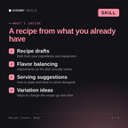 What's inside the Recipe Creator, Rosa AI skill: Recipe drafts, Flavor balancing, Serving suggestions, Variation ideas