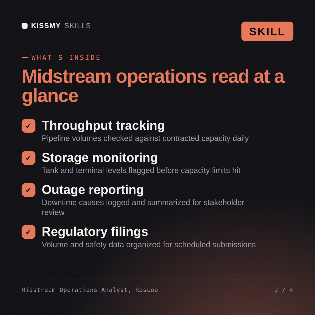 What's inside the Midstream Operations Analyst, Roscoe AI skill: Throughput tracking, Storage monitoring, Outage reporting, Regulatory filings