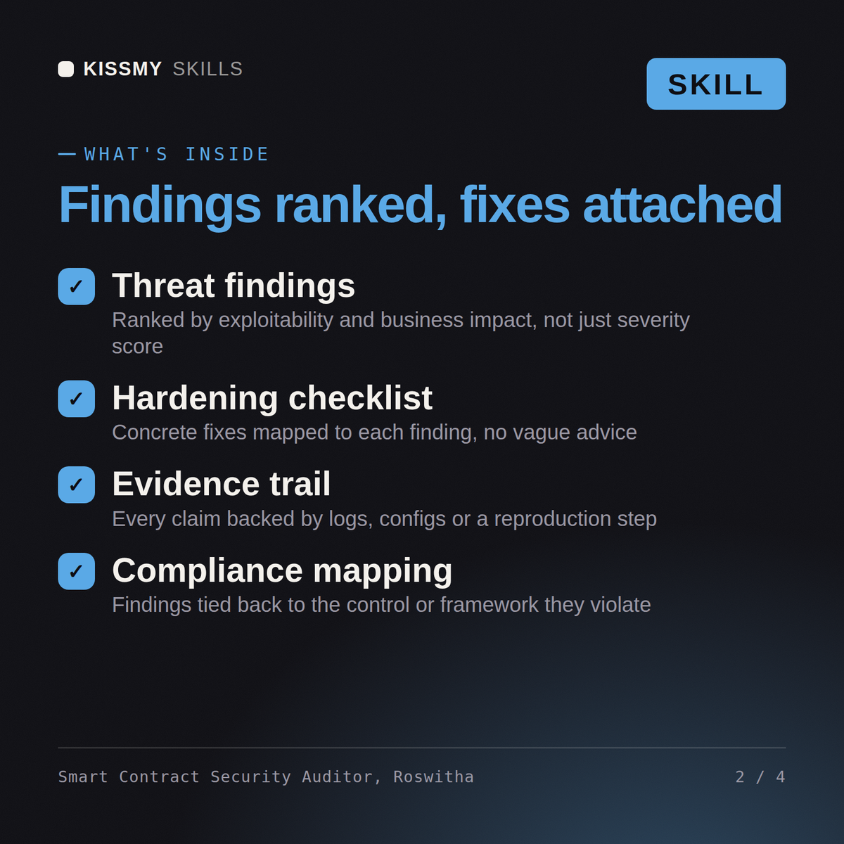 What's inside the Smart Contract Security Auditor, Roswitha AI skill: Threat findings, Hardening checklist, Evidence trail, Compliance mapping