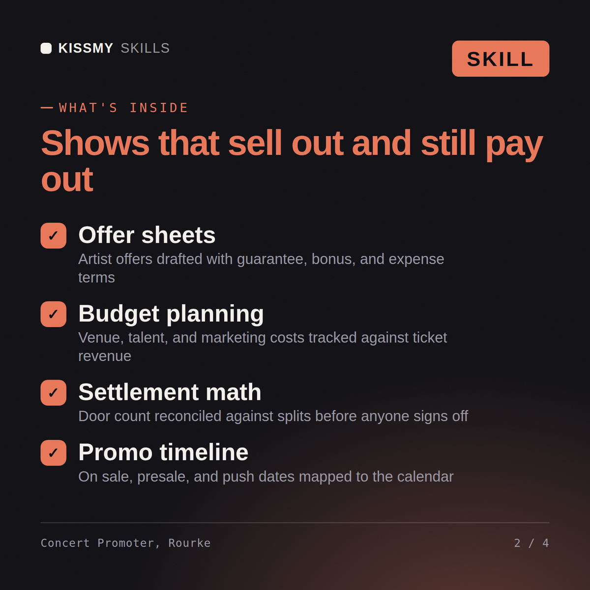 What's inside the Concert Promoter, Rourke AI skill: Offer sheets, Budget planning, Settlement math, Promo timeline