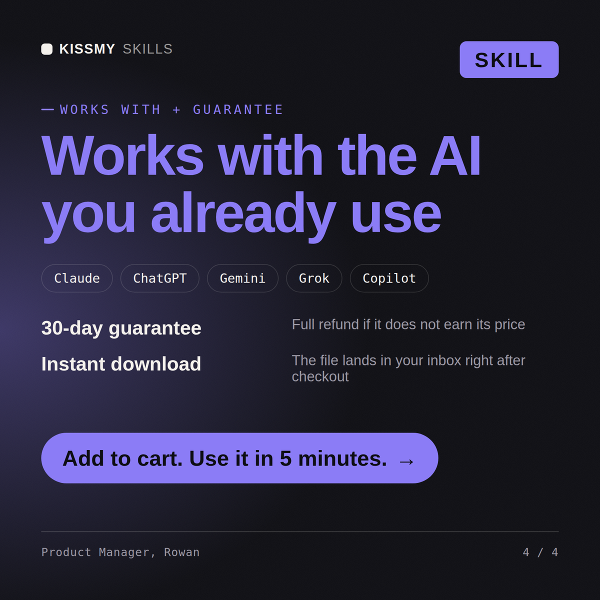 The Product Manager, Rowan AI skill works with Claude, ChatGPT, Gemini and any AI chat, 30-day money-back guarantee