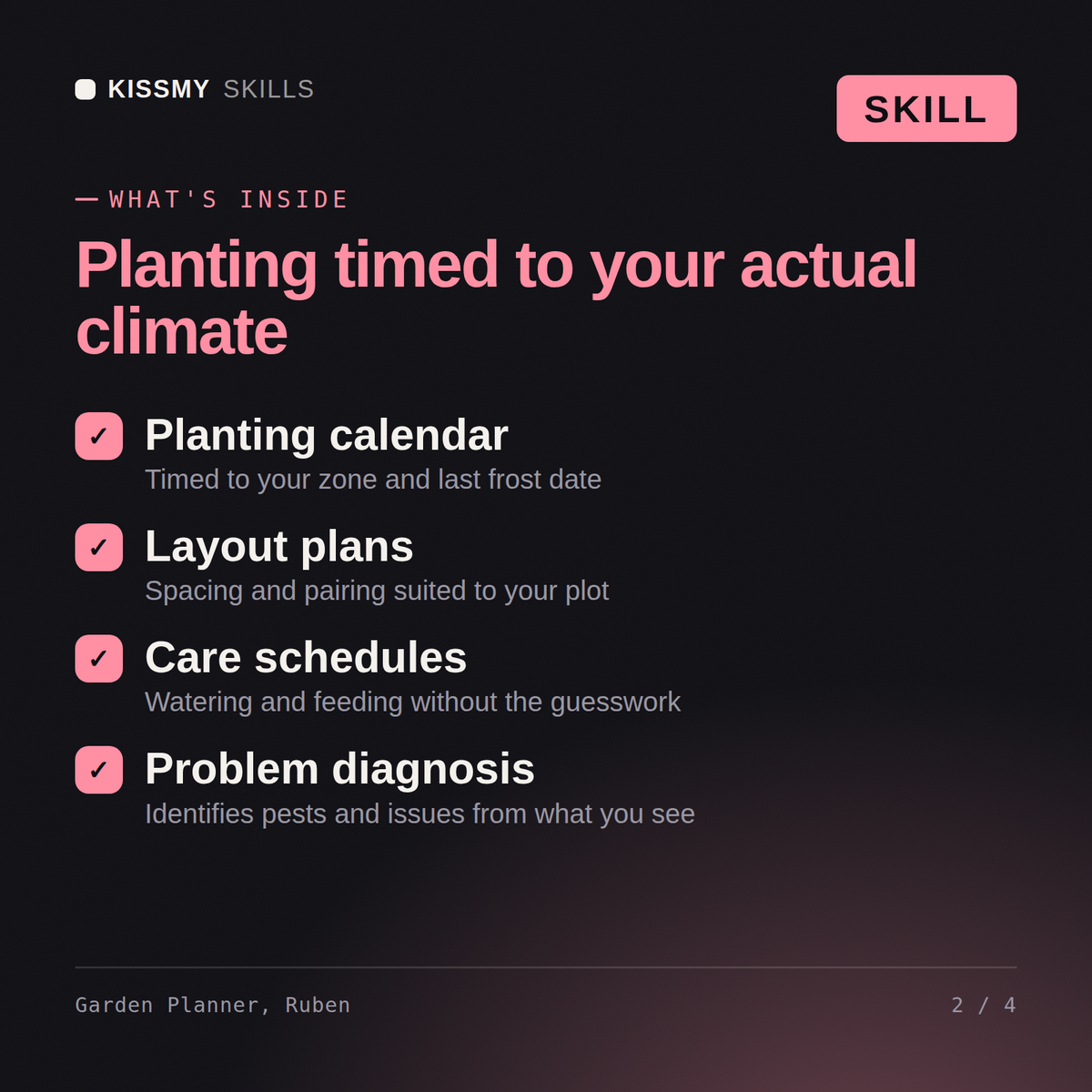 What's inside the Garden Planner, Ruben AI skill: Planting calendar, Layout plans, Care schedules, Problem diagnosis