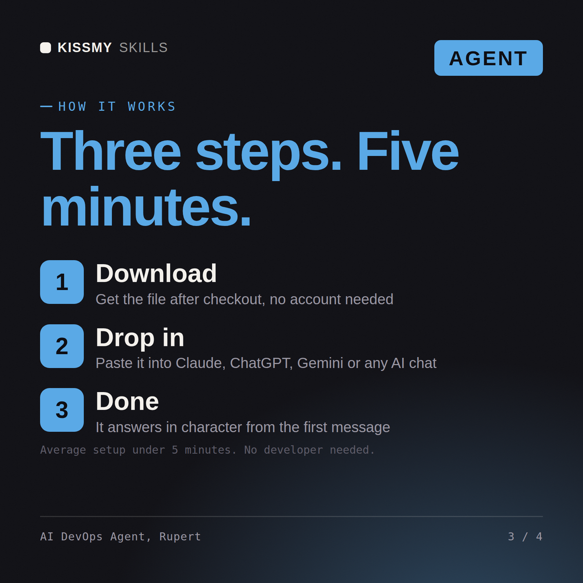 How the AI DevOps Agent, Rupert AI agent works in three steps: download, drop it into your AI chat, done
