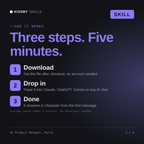 How the AI Product Manager, Rurik AI skill works in three steps: download, drop it into your AI chat, done