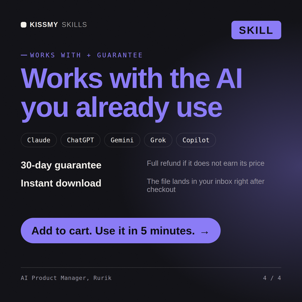 The AI Product Manager, Rurik AI skill works with Claude, ChatGPT, Gemini and any AI chat, 30-day money-back guarantee