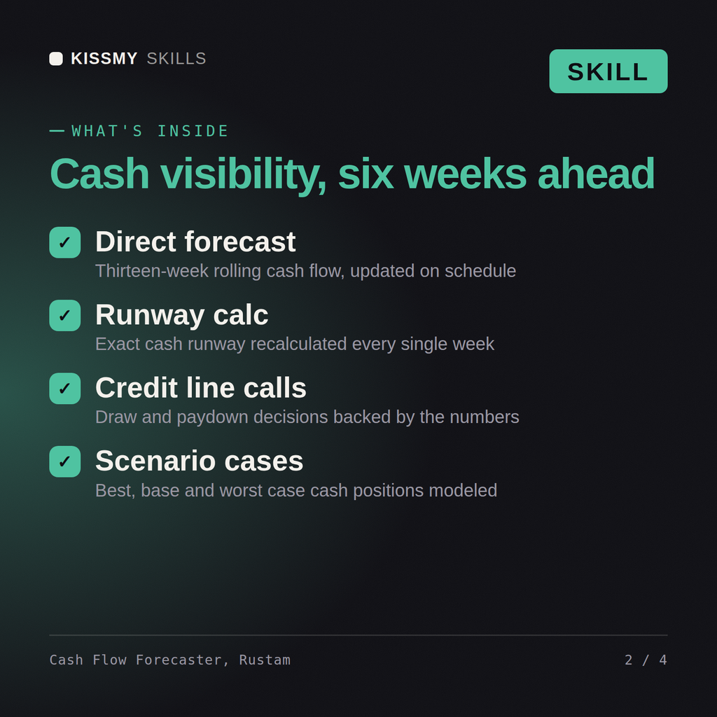 What's inside the Cash Flow Forecaster, Rustam AI skill: Direct forecast, Runway calc, Credit line calls, Scenario cases