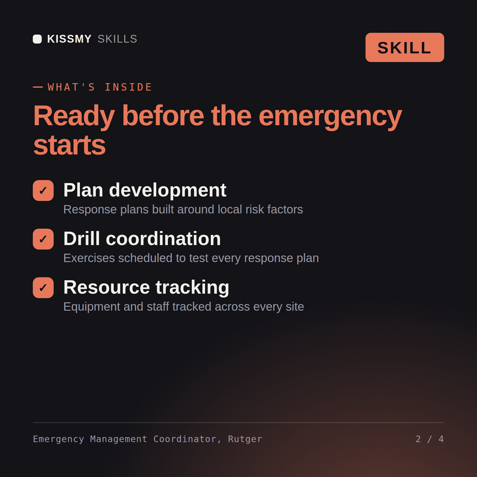 What's inside the Emergency Management Coordinator, Rutger AI skill: Plan development, Drill coordination, Resource tracking