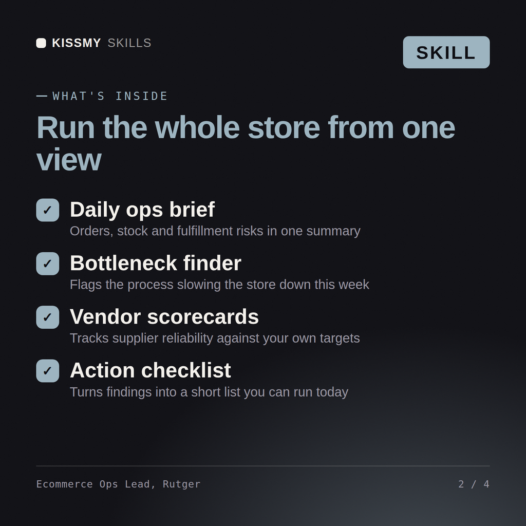 What's inside the Ecommerce Ops Lead, Rutger AI skill: Daily ops brief, Bottleneck finder, Vendor scorecards, Action checklist