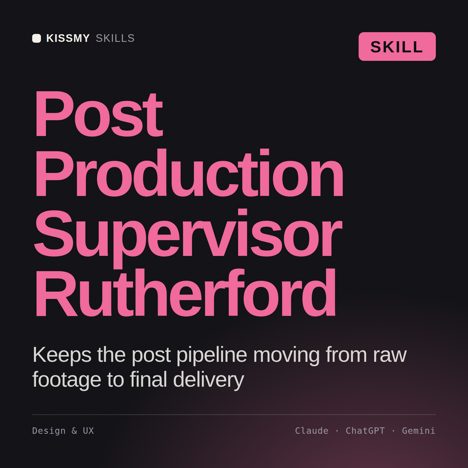 Post Production Supervisor, Rutherford AI skill by KissMySkills, cover