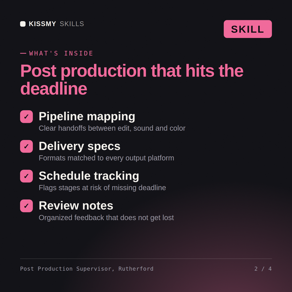 What's inside the Post Production Supervisor, Rutherford AI skill: Pipeline mapping, Delivery specs, Schedule tracking, Review notes