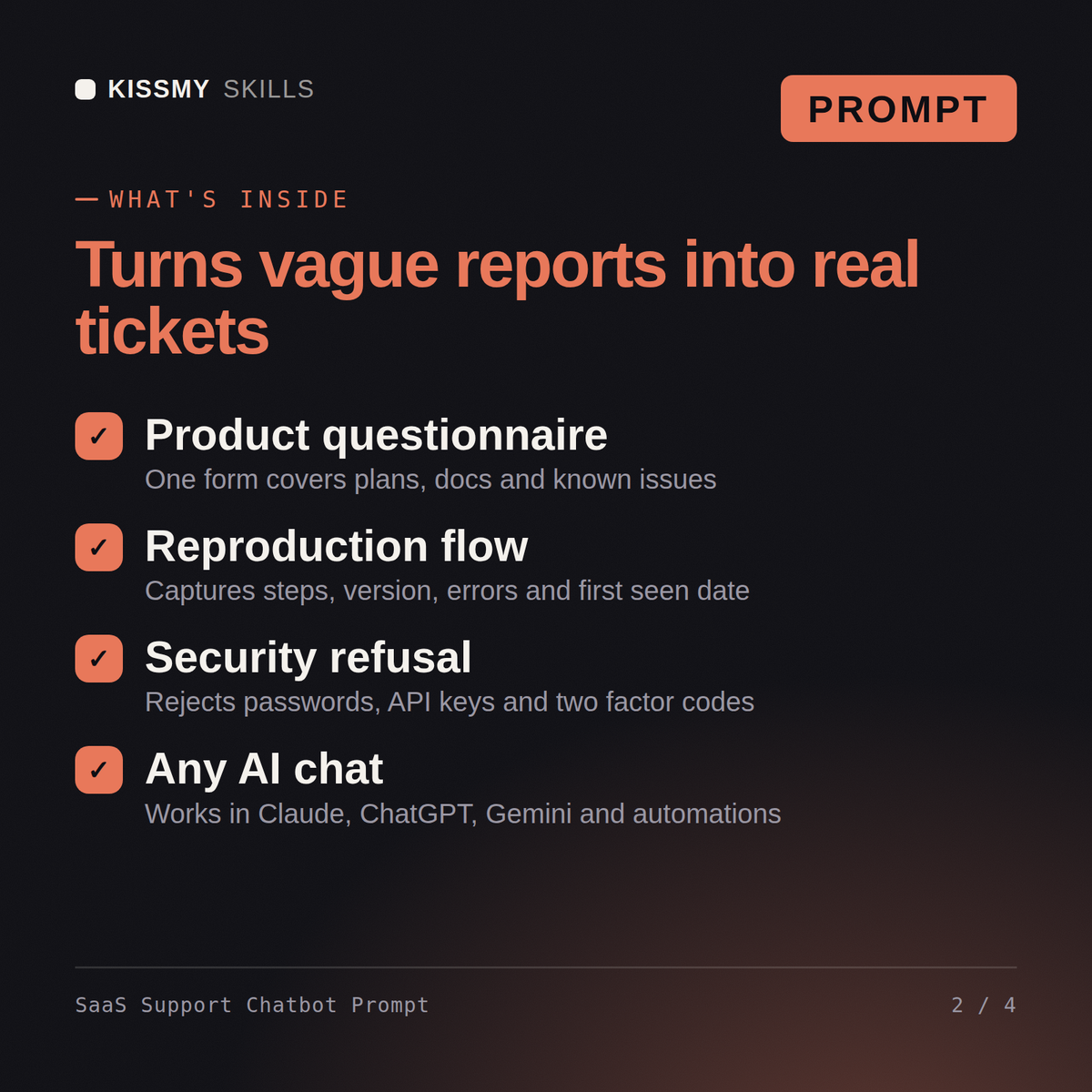 What's inside the SaaS Support Chatbot Prompt AI prompt: Product questionnaire, Reproduction flow, Security refusal, Any AI chat