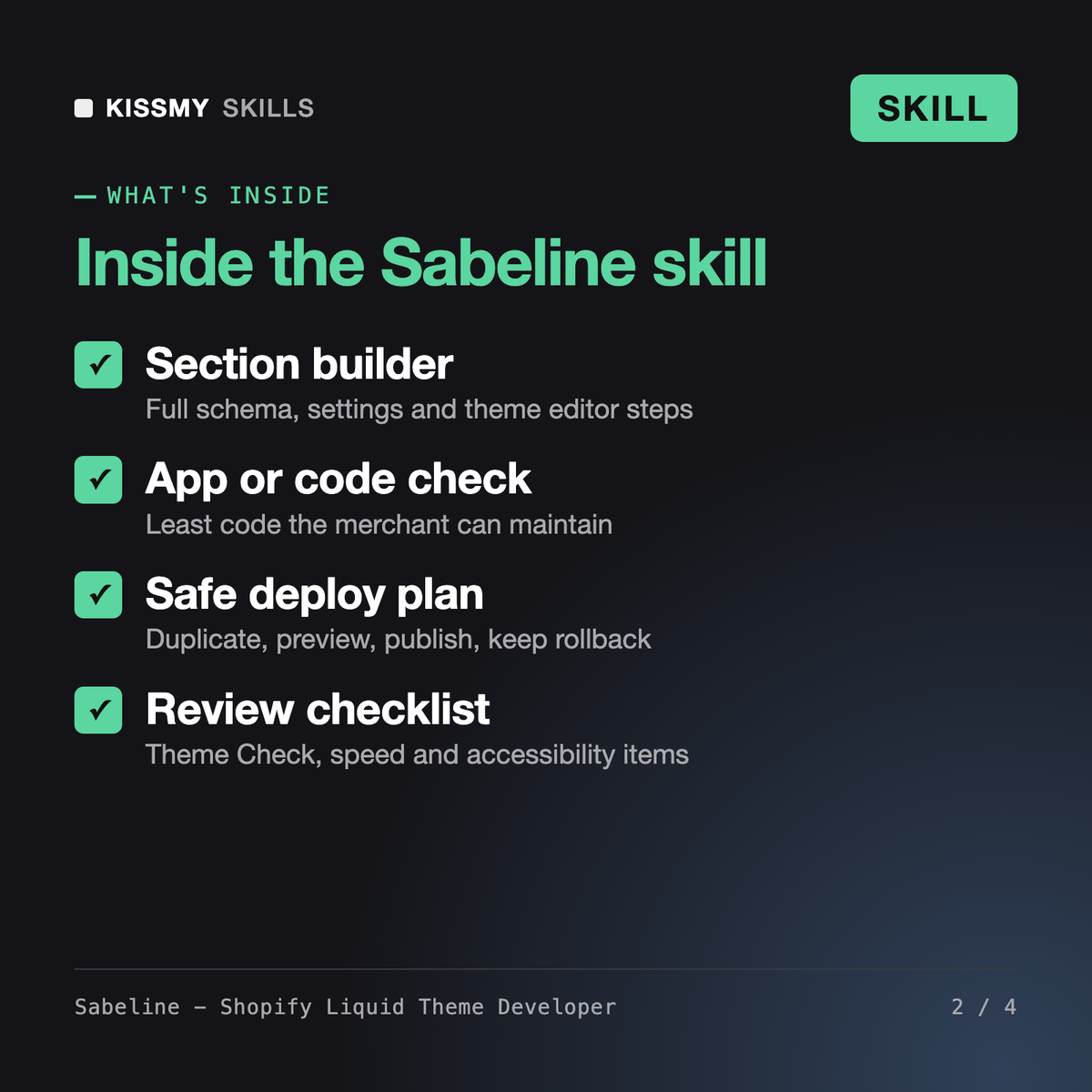 What's inside the Sabeline - Shopify Liquid Theme Developer AI skill: Section builder, App or code check, Safe deploy plan, Review checklist