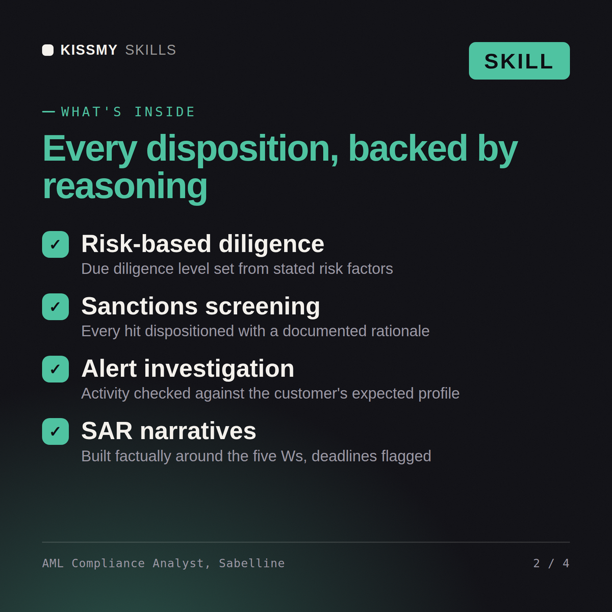 What's inside the AML Compliance Analyst, Sabelline AI skill: Risk-based diligence, Sanctions screening, Alert investigation, SAR narratives