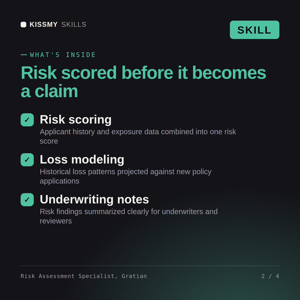 What's inside the Risk Assessment Specialist, Gratian AI skill: Risk scoring, Loss modeling, Underwriting notes