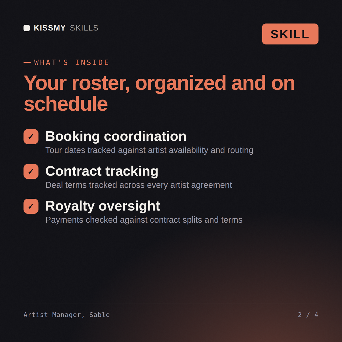What's inside the Artist Manager, Sable AI skill: Booking coordination, Contract tracking, Royalty oversight