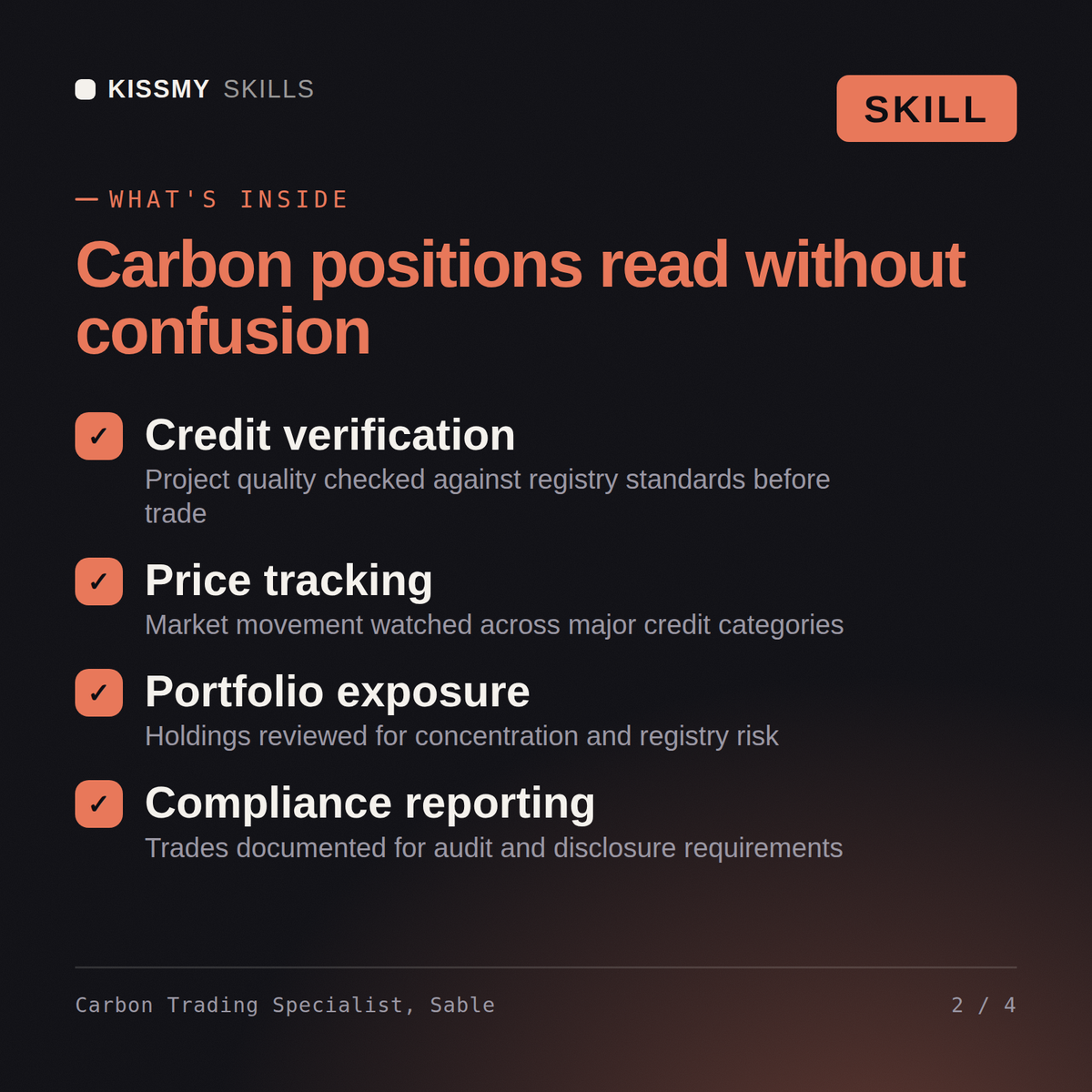 What's inside the Carbon Trading Specialist, Sable AI skill: Credit verification, Price tracking, Portfolio exposure, Compliance reporting
