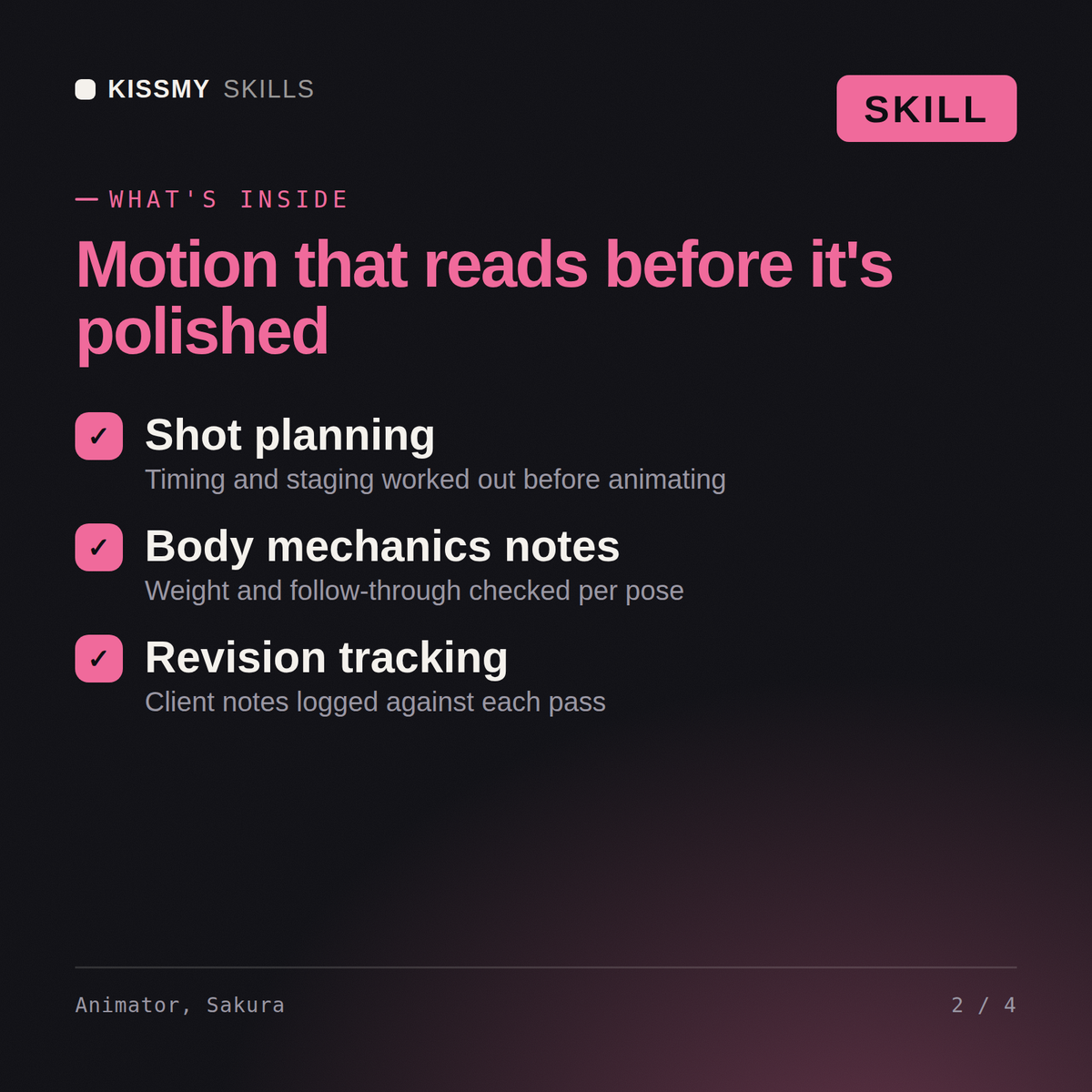 What's inside the Animator, Sakura AI skill: Shot planning, Body mechanics notes, Revision tracking