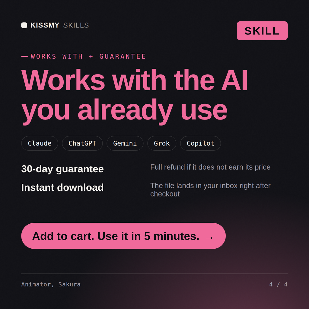 The Animator, Sakura AI skill works with Claude, ChatGPT, Gemini and any AI chat, 30-day money-back guarantee
