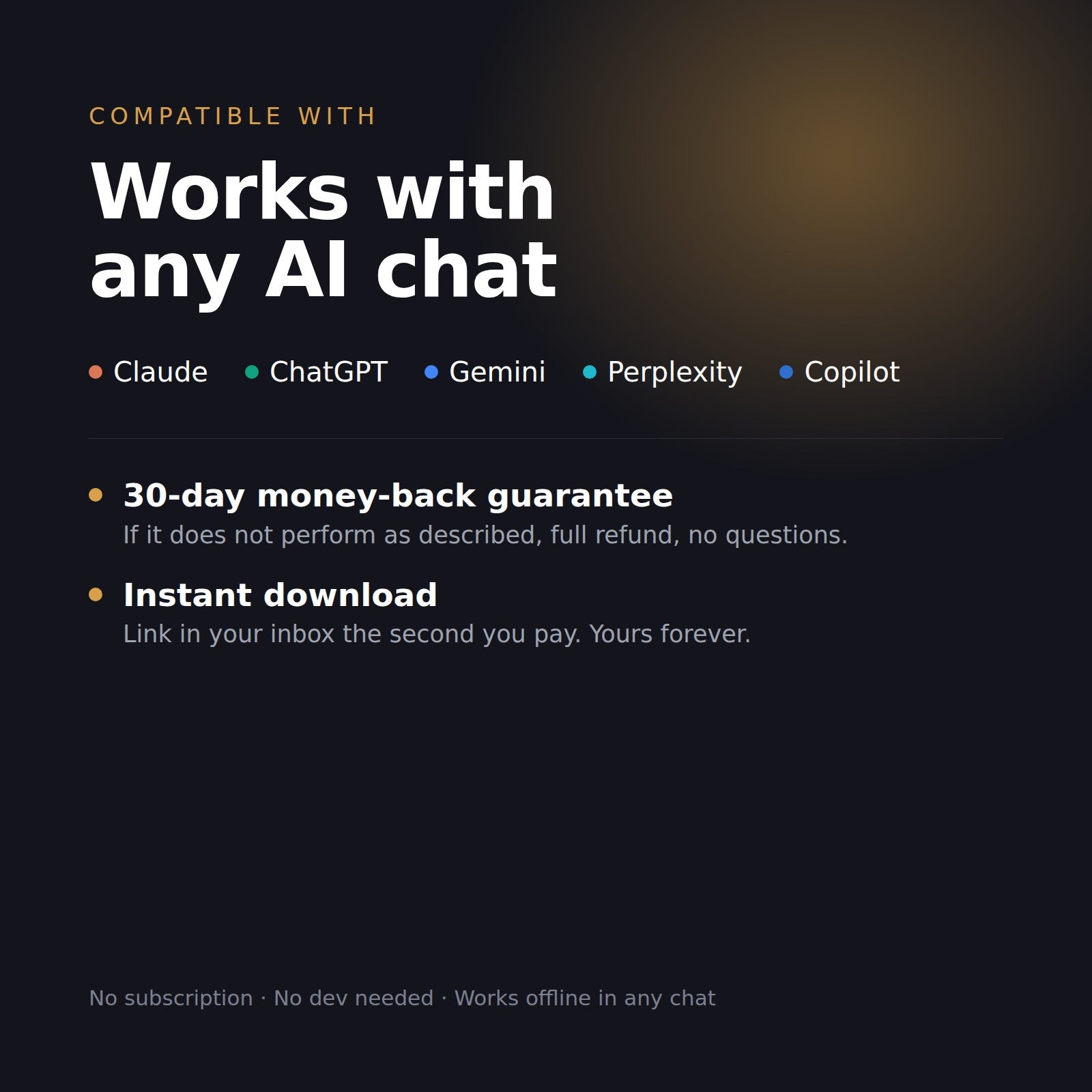 Works with any AI chat, 30-day money-back guarantee, instant download