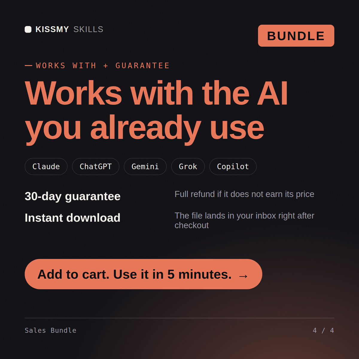 The Sales Bundle AI bundle works with Claude, ChatGPT, Gemini and any AI chat, 30-day money-back guarantee