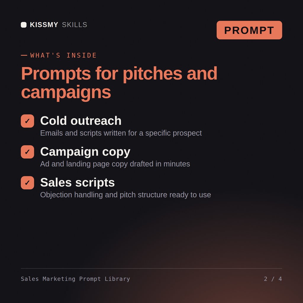 What's inside the Sales Marketing Prompt Library AI prompt: Cold outreach, Campaign copy, Sales scripts