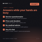 What's inside the Salon Booking Chatbot Prompt AI prompt: Service questionnaire, Price and duration, No medical advice, Any AI chat