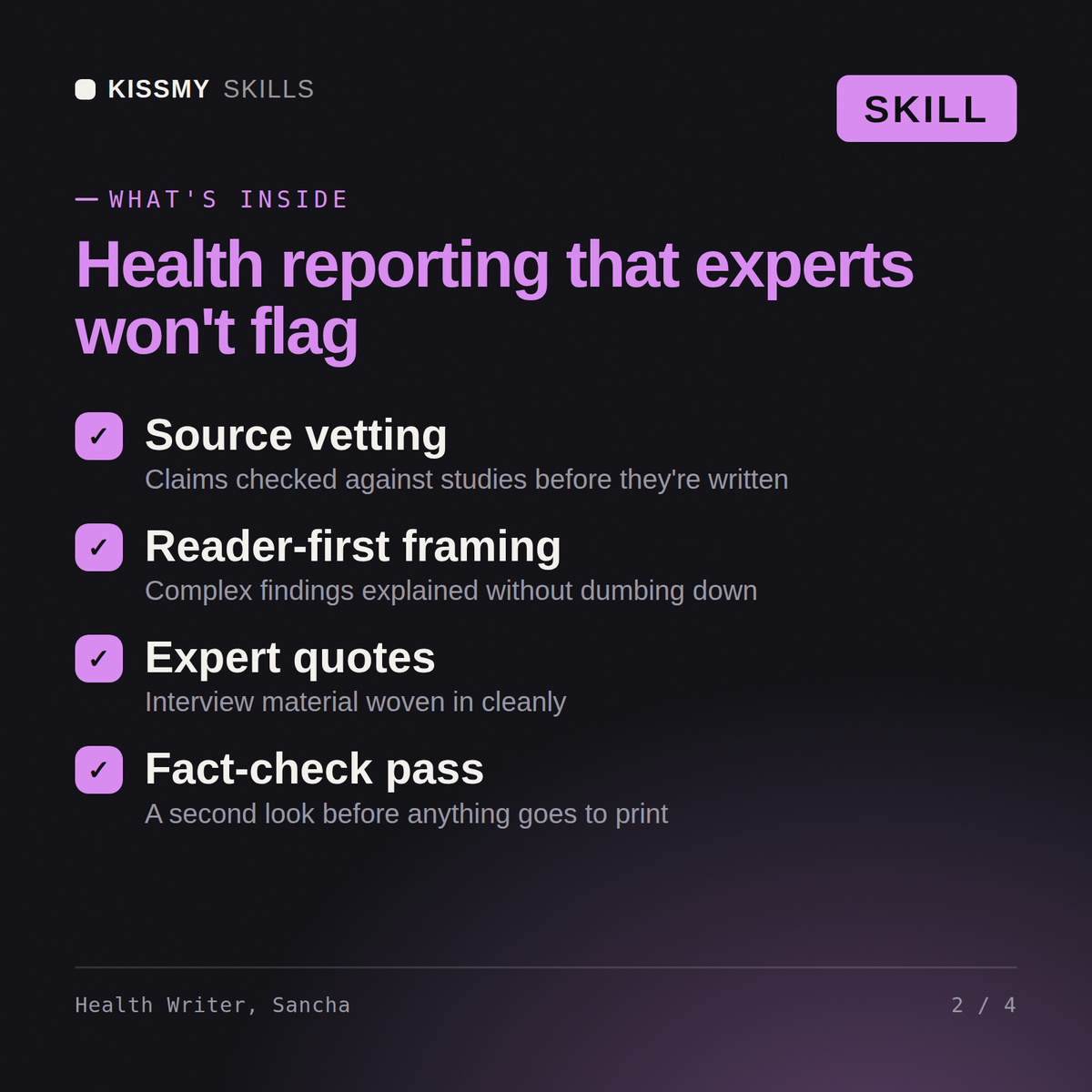 What's inside the Health Writer, Sancha AI skill: Source vetting, Reader-first framing, Expert quotes, Fact-check pass