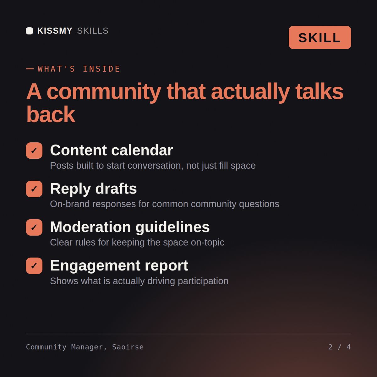 What's inside the Community Manager, Saoirse AI skill: Content calendar, Reply drafts, Moderation guidelines, Engagement report