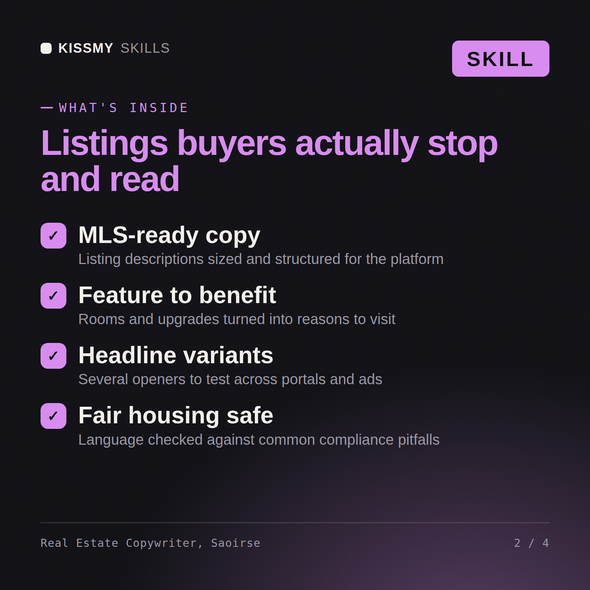 What's inside the Real Estate Copywriter, Saoirse AI skill: MLS-ready copy, Feature to benefit, Headline variants, Fair housing safe