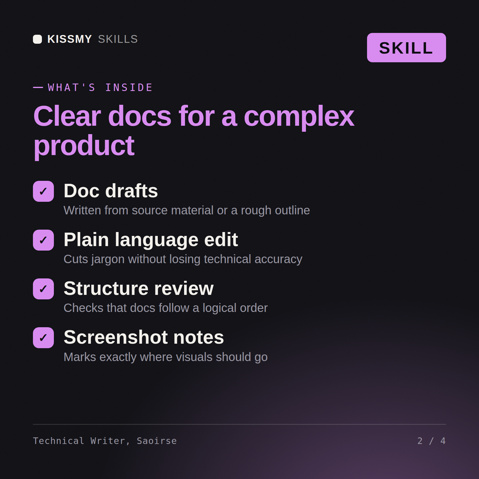 What's inside the Technical Writer, Saoirse AI skill: Doc drafts, Plain language edit, Structure review, Screenshot notes