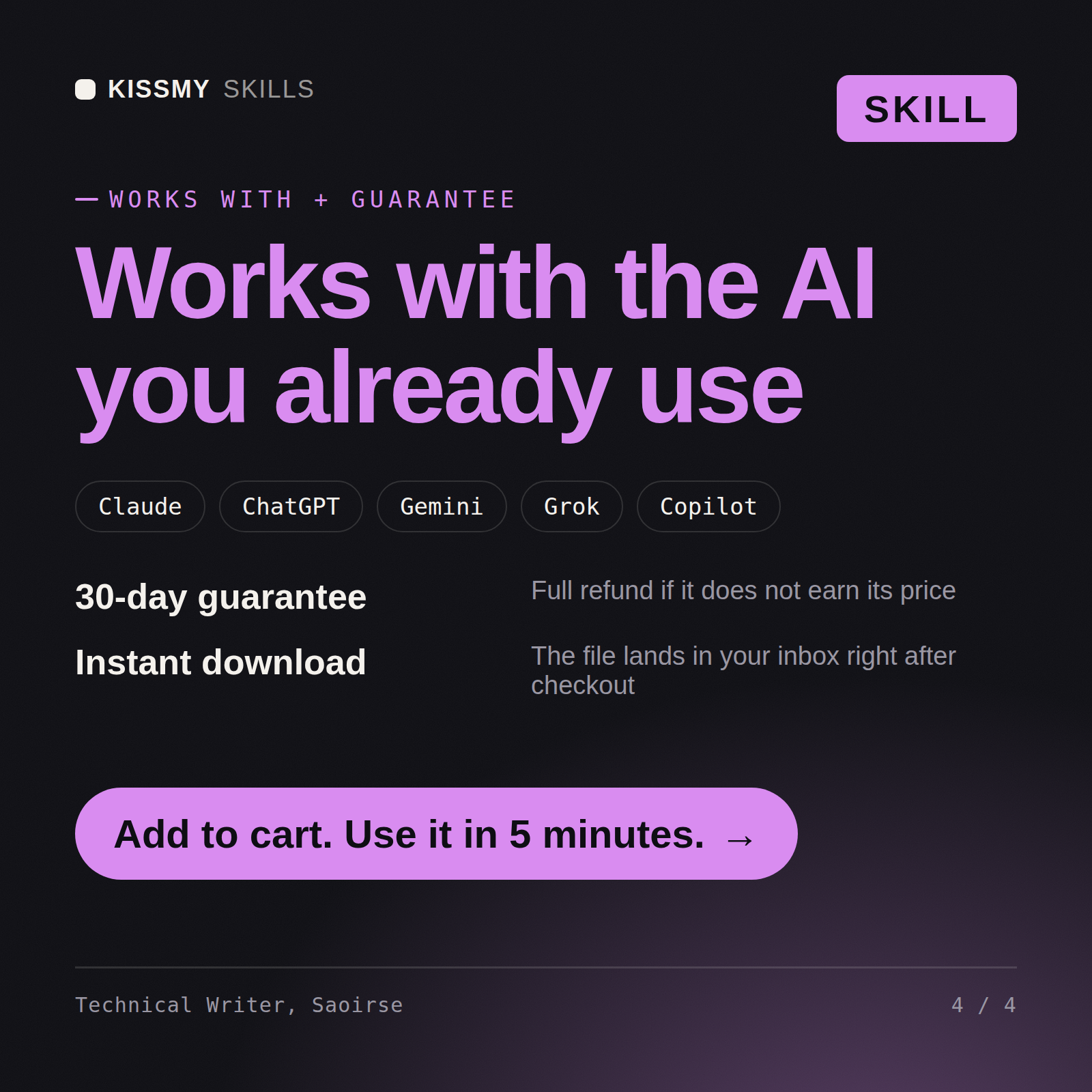 The Technical Writer, Saoirse AI skill works with Claude, ChatGPT, Gemini and any AI chat, 30-day money-back guarantee
