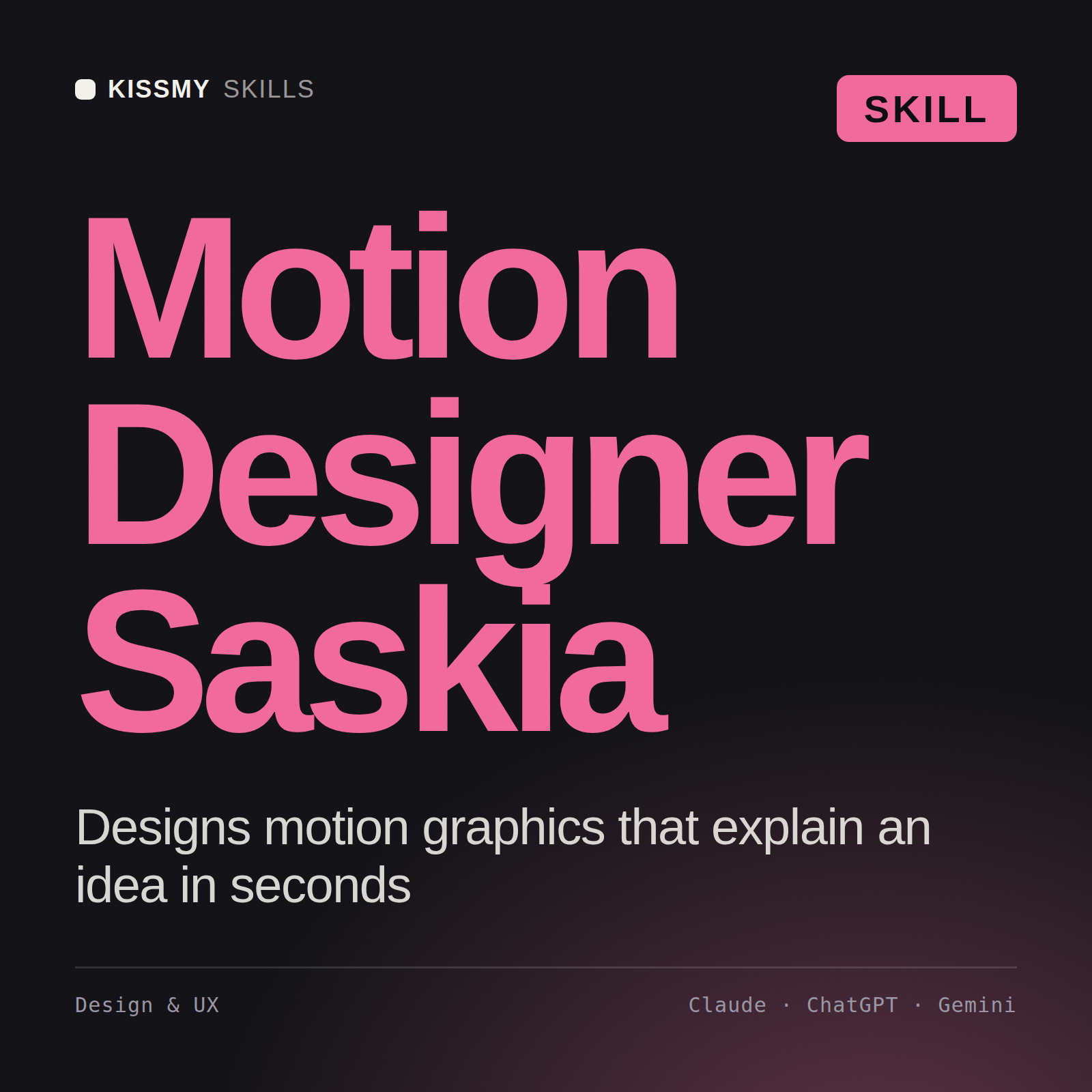 Motion Designer, Saskia AI skill by KissMySkills, cover