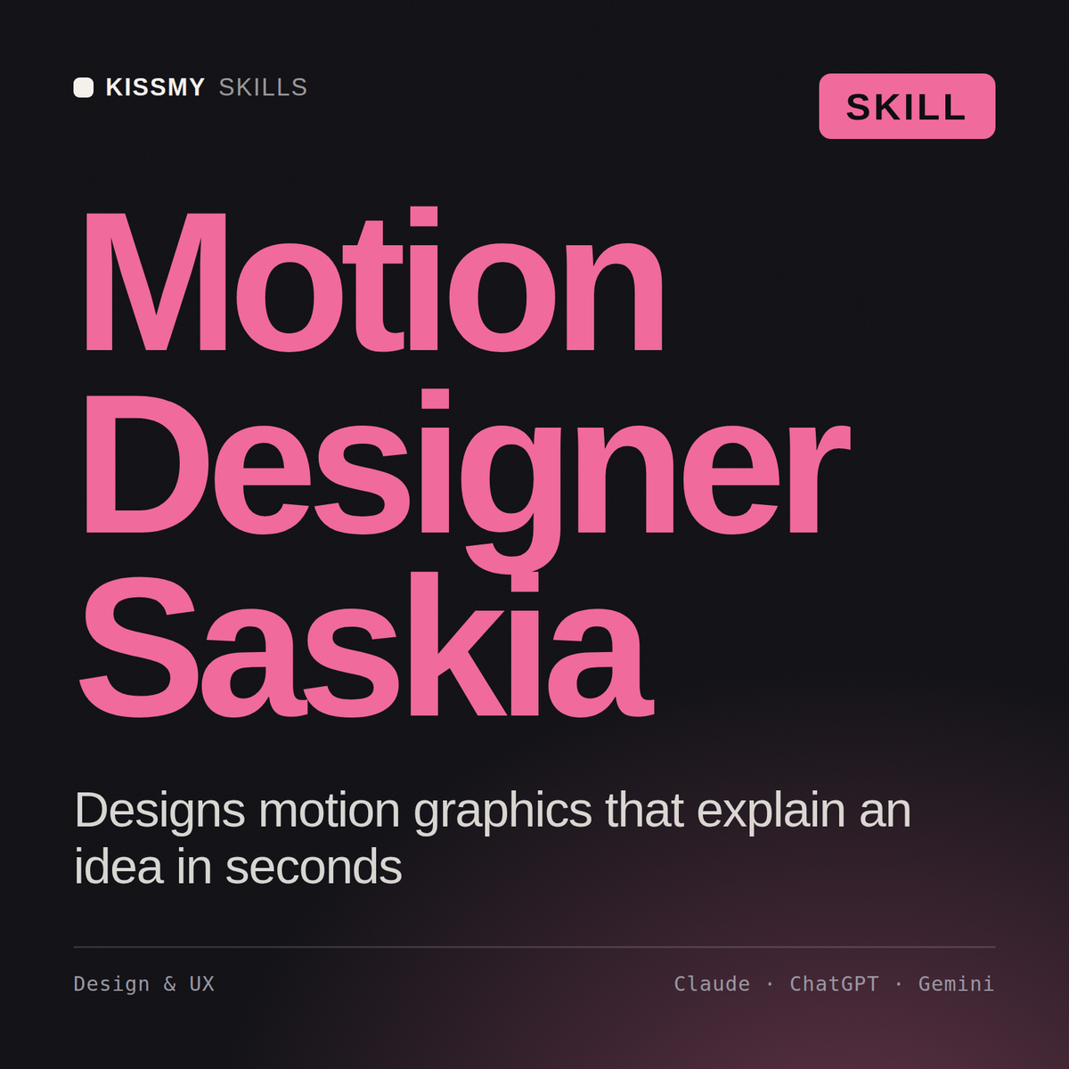 Motion Designer, Saskia AI skill by KissMySkills, cover