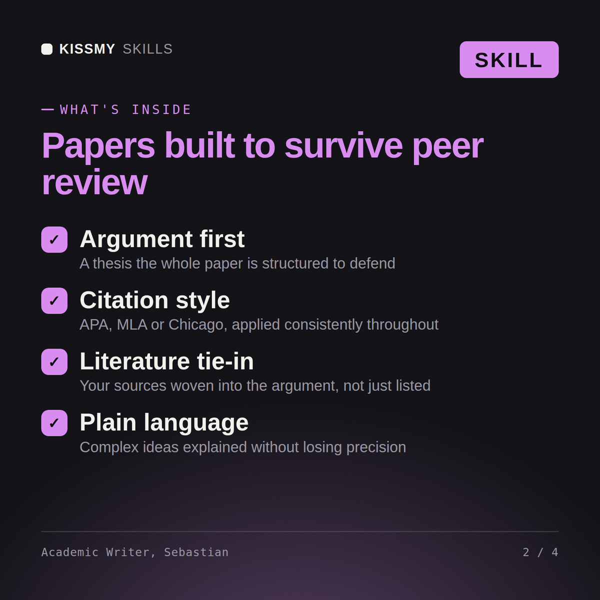 What's inside the Academic Writer, Sebastian AI skill: Argument first, Citation style, Literature tie-in, Plain language