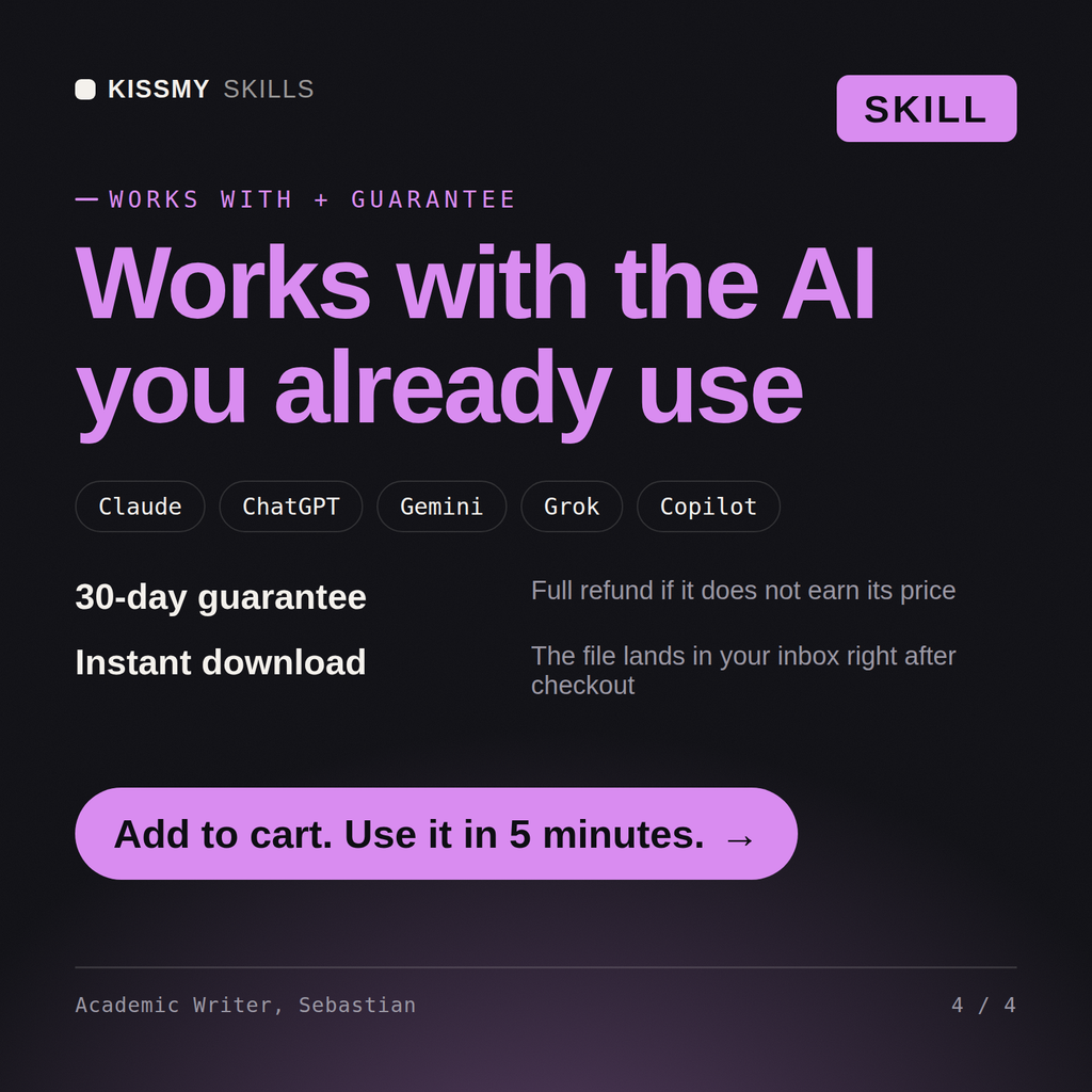 The Academic Writer, Sebastian AI skill works with Claude, ChatGPT, Gemini and any AI chat, 30-day money-back guarantee