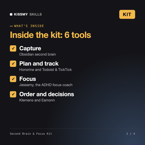 What's inside the Second Brain & Focus Kit: Capture, Plan and track, Focus, Order and decisions