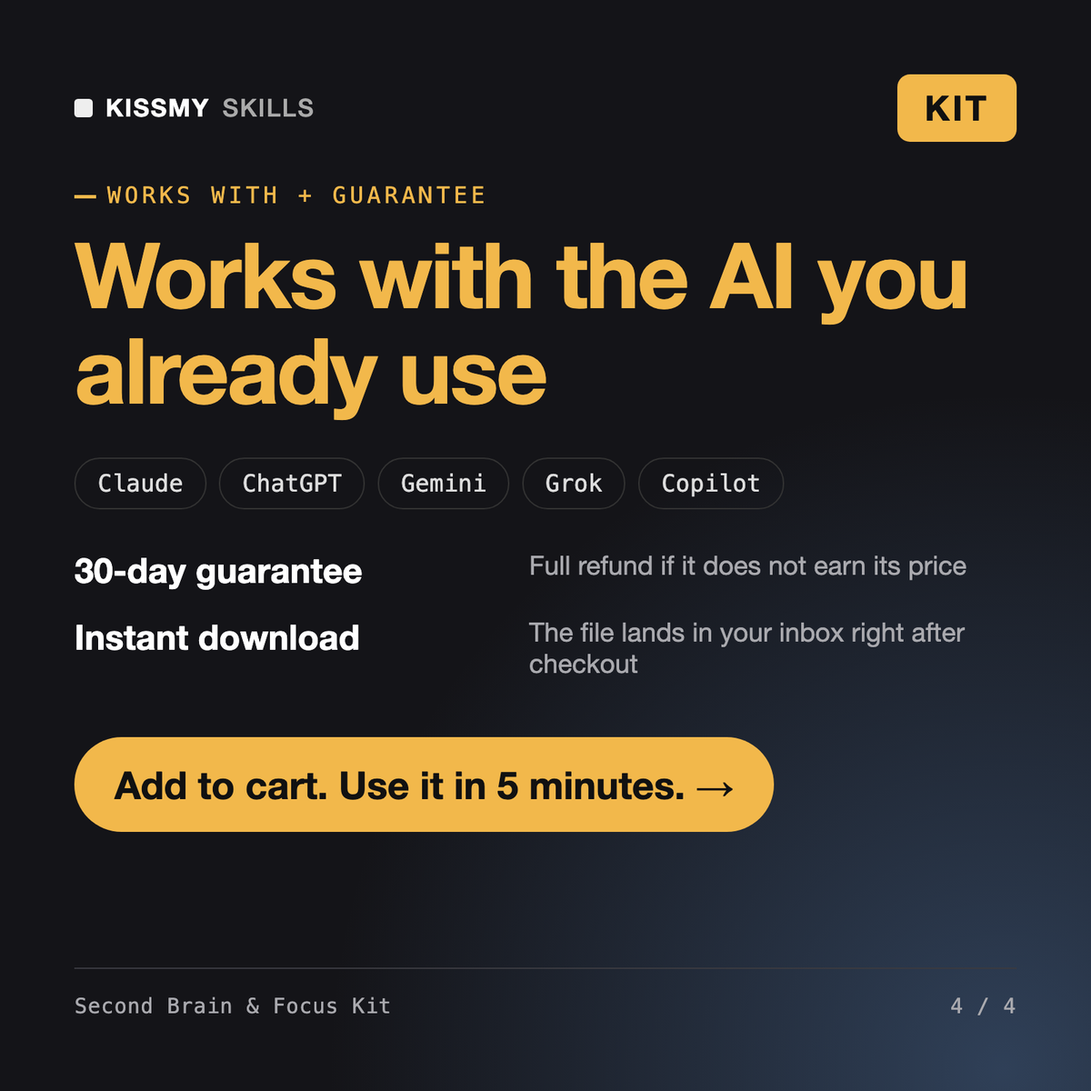 The Second Brain & Focus Kit works with Claude, ChatGPT, Gemini and any AI chat, 30-day money-back guarantee
