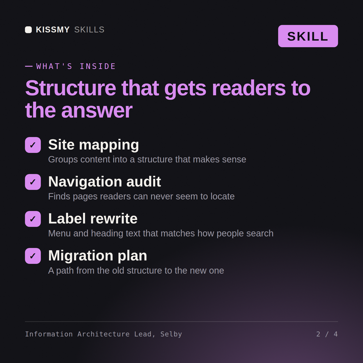 What's inside the Information Architecture Lead, Selby AI skill: Site mapping, Navigation audit, Label rewrite, Migration plan