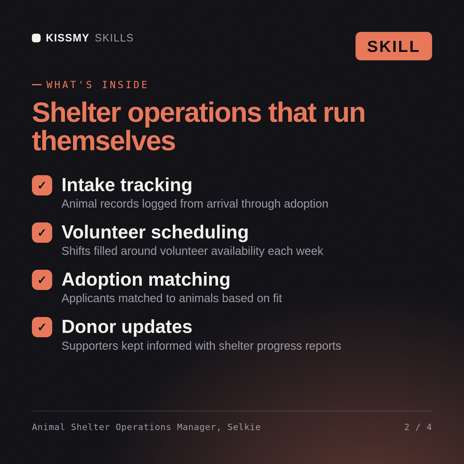 What's inside the Animal Shelter Operations Manager, Selkie AI skill: Intake tracking, Volunteer scheduling, Adoption matching, Donor updates