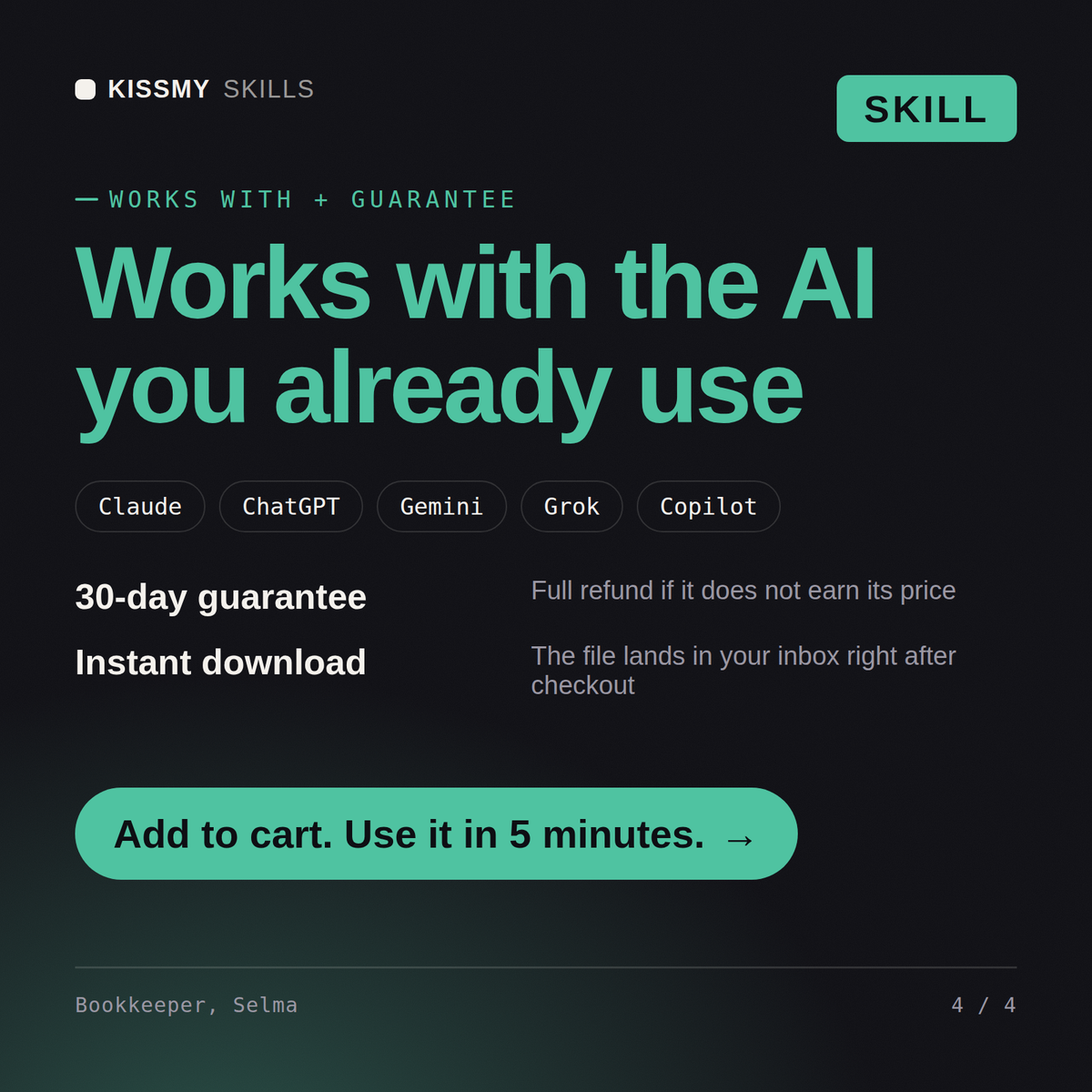 The Bookkeeper, Selma AI skill works with Claude, ChatGPT, Gemini and any AI chat, 30-day money-back guarantee