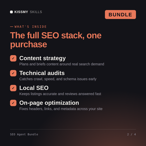 What's inside the SEO Agent Bundle AI bundle: Content strategy, Technical audits, Local SEO, On-page optimization