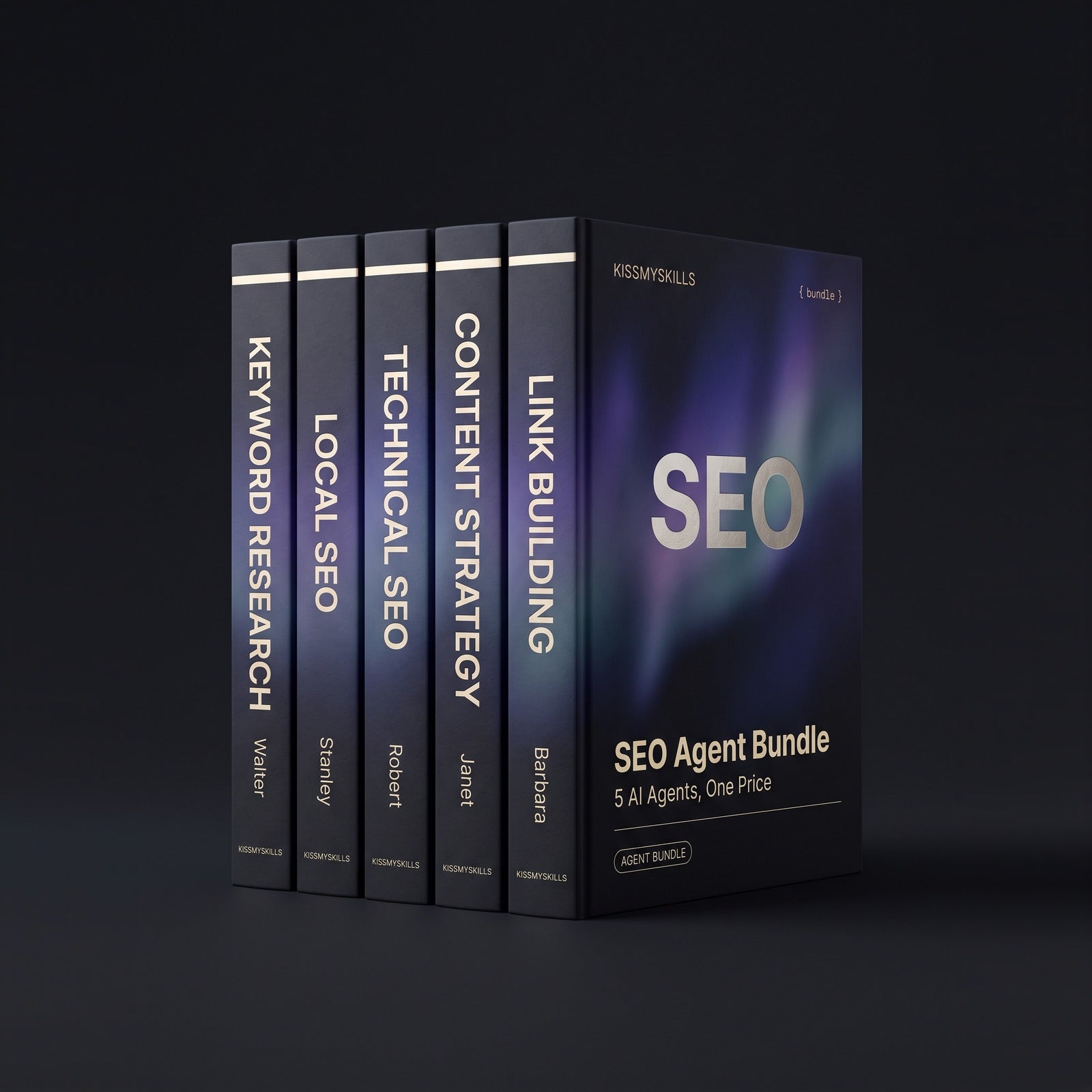 SEO Agent Bundle by KissMySkills, six hardcover volumes titled Keyword Research, Local SEO, Technical SEO, Content Strategy and Link Building