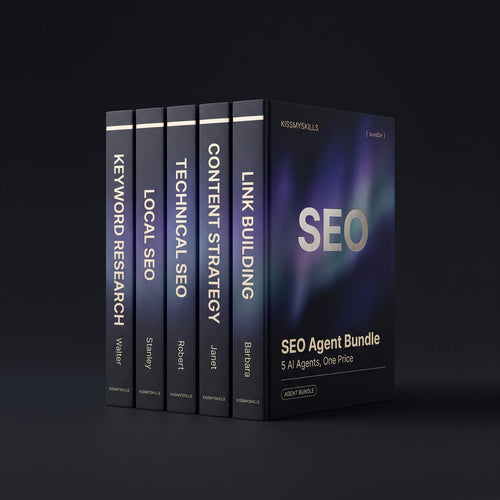SEO Agent Bundle by KissMySkills, six hardcover volumes titled Keyword Research, Local SEO, Technical SEO, Content Strategy and Link Building