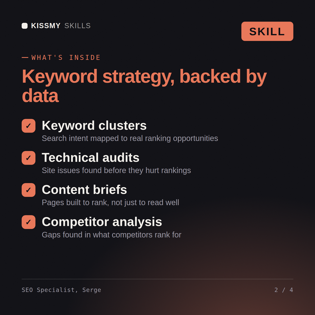What's inside the SEO Specialist, Serge AI skill: Keyword clusters, Technical audits, Content briefs, Competitor analysis