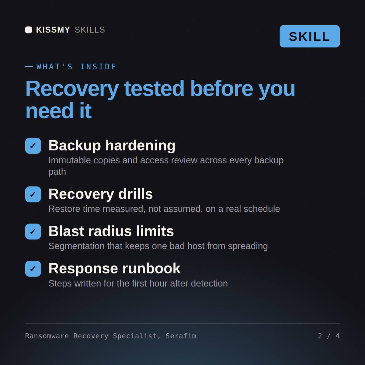 What's inside the Ransomware Recovery Specialist, Serafim AI skill: Backup hardening, Recovery drills, Blast radius limits, Response runbook