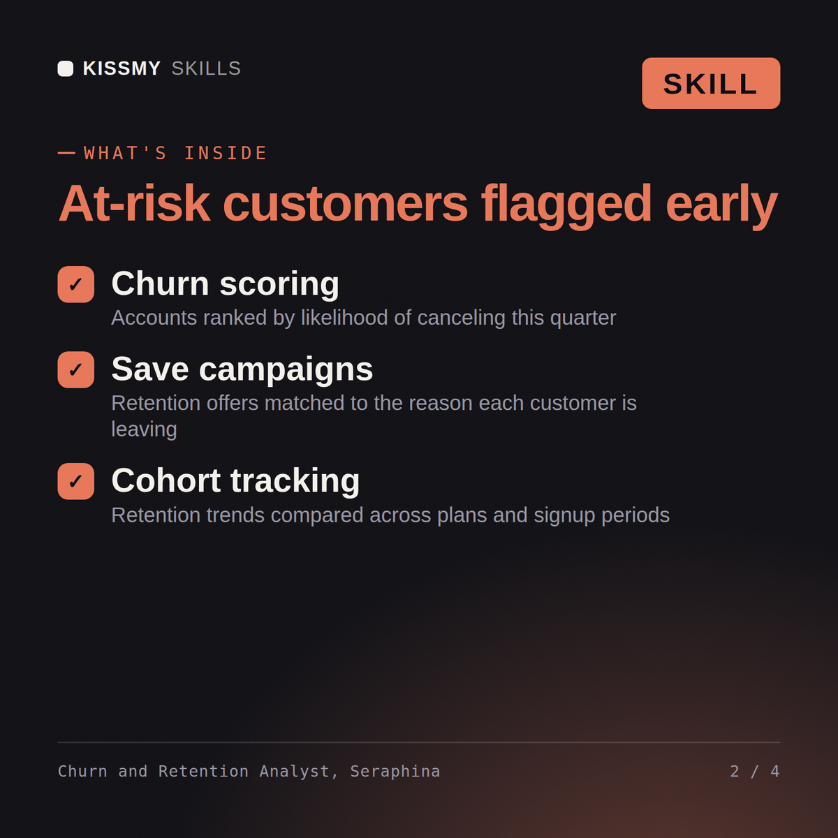 What's inside the Churn and Retention Analyst, Seraphina AI skill: Churn scoring, Save campaigns, Cohort tracking