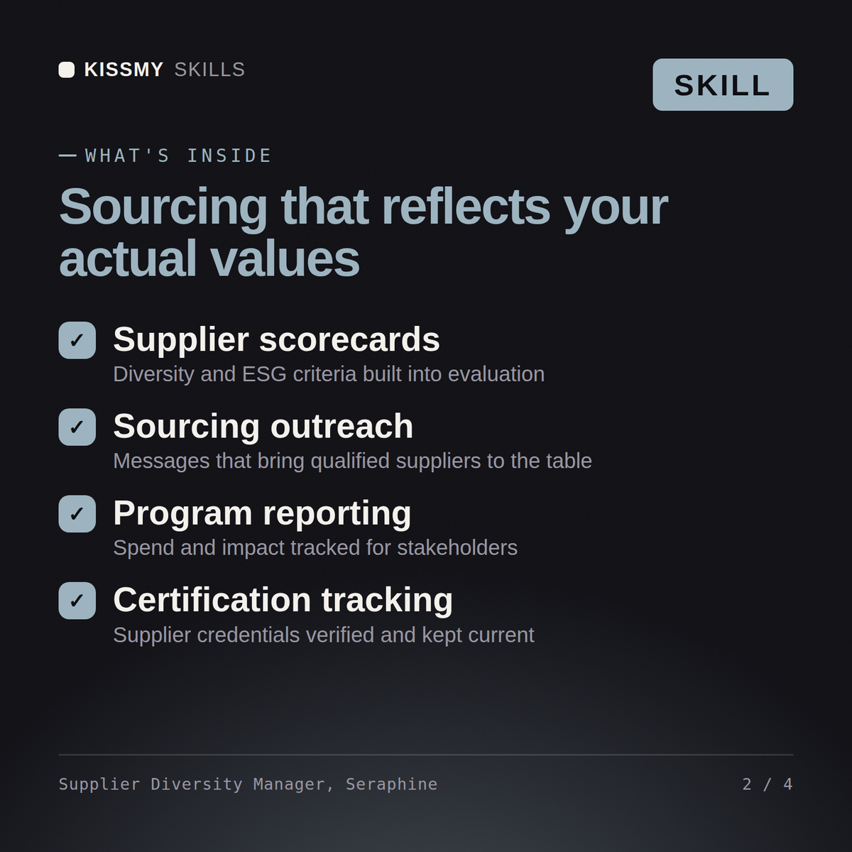 What's inside the Supplier Diversity Manager, Seraphine AI skill: Supplier scorecards, Sourcing outreach, Program reporting, Certification tracking